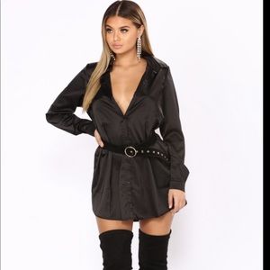 Fashion Nova Black Satin Shirt Dress- S